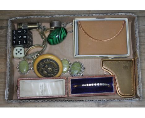 A tray of costume items including vintage compacts, necklace, key rings etc.  