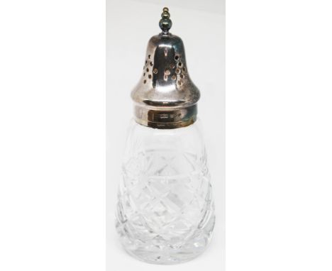 A hallmarked silver and cut glass sugar shaker by Mappin &amp; Webb, height 17cm.  