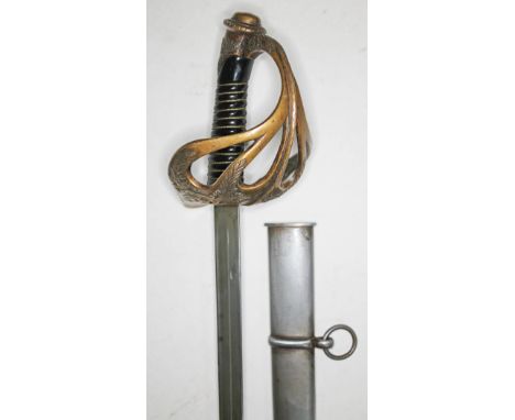 A French 1896 pattern cavalry officer's sword with cast Medusa Head basket, wire bound wooden grip, inscribed and dated 1914,