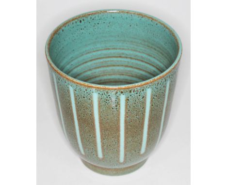 A Poole pottery vase with brown and turquoise striped glaze finish, height 17.5cm, diameter 16cm.&nbsp;Condition - three firi