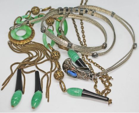A eastern gilt metal and simulated jade necklace, together with a white metal necklace, lengths 90cm &amp; 7cm.  