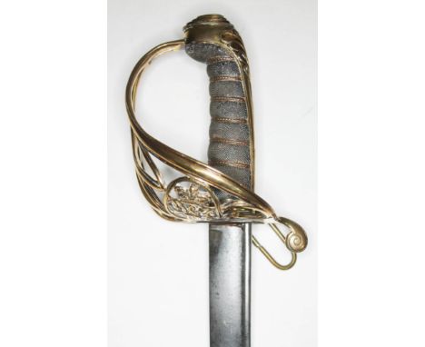 A William IV infantry officers 1822 pattern sword with single edge pipe back blade, gilt brass hilt and wired fish skin grip,