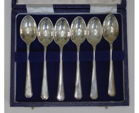 A cased set of six hallmarked silver teaspoons by Mappin &amp; Webb.  