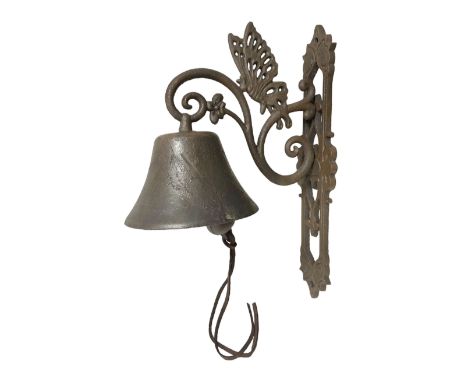 Cast iron exterior hanging garden bell with decorative butterfly bracket