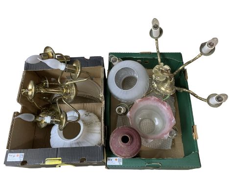 Brass six light electrolier with scroll branches, another with five branches, semi circular wall light with frosted glass sha