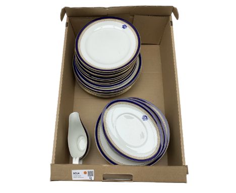 Early 20th century Royal Worcester Vitreous blue bordered part dinner service with monogram 'CP' circa 1905 30 pieces 
