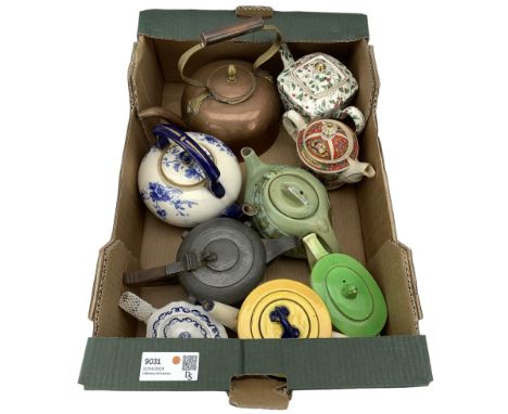 Copper kettle, various teapots including Royal Doulton, Arthur Wood etc in one box