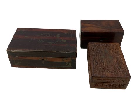 19th century rosewood tea caddy, carved Indian box and a jewellery box (3)