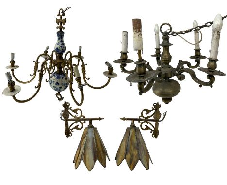 Brass and Delft six light electrolier, brass five light electrolier and a pair of wall lights