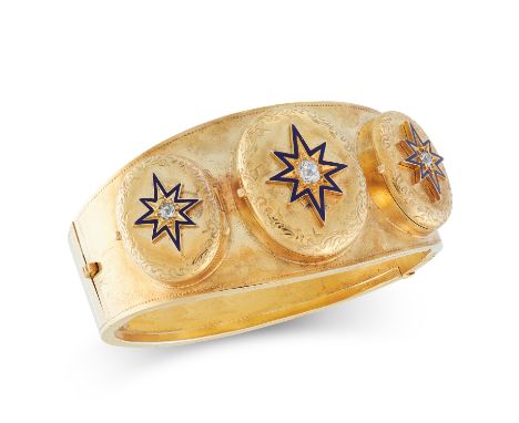 AN ANTIQUE DIAMOND AND ENAMEL MOURNING LOCKET BANGLE, 19TH CENTURY in high carat yellow gold, in tapering design, set with th