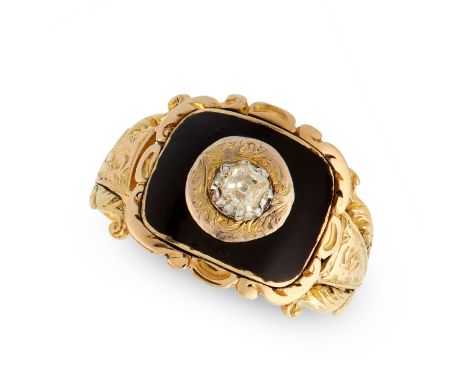 AN ANTIQUE ENAMEL AND DIAMOND MOURNING RING, CIRCA 1830 in yellow gold, set with an old cut diamond in a border of black enam