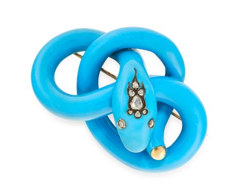 AN ANTIQUE DIAMOND AND ENAMEL SNAKE BROOCH, 19TH CENTURY in yellow gold, designed as the body of a snake coiled around on its