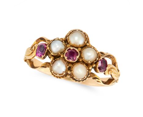 AN ANTIQUE PEARL AND RUBY RING, 19TH CENTURY in yellow gold, comprising of a floral cluster of a ruby and seed pearls between