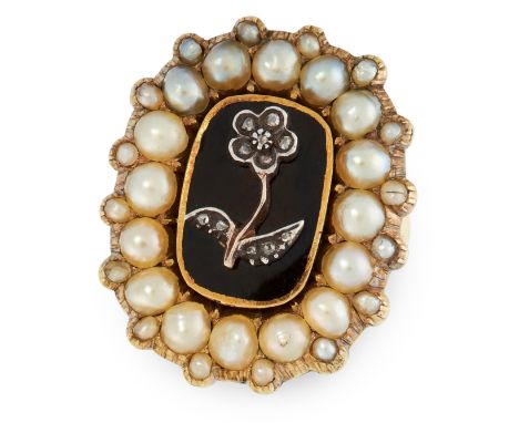 AN ANTIQUE DIAMOND, PEARL, ENAMEL AND HAIRWORK MOURNING LOCKET RING in yellow gold, comprising of rose cut diamonds in forget