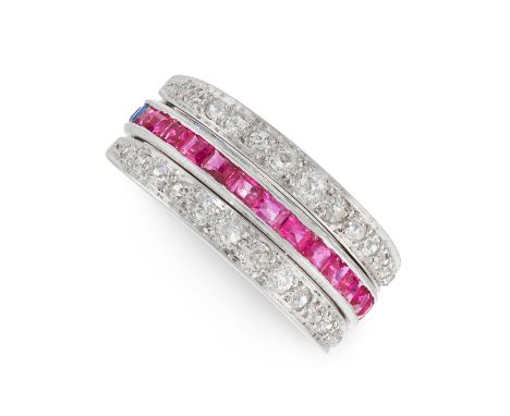 A SAPPHIRE, RUBY AND DIAMOND REVERSIBLE RING the central band half set each with rubies and sapphires, flanked by reversible 