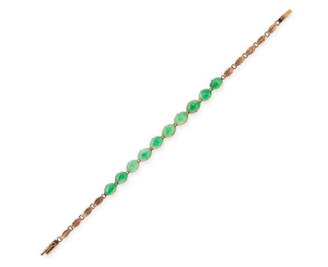 A JADEITE JADE BRACELET, CIRCA 1940 in yellow gold, comprising a single row of ten graduated oval jadeite cabochons within a 