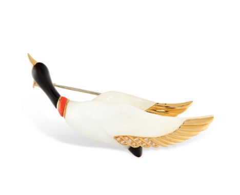 A WHITE JADEITE JADE, CORAL, ONYX AND DIAMOND DUCK BROOCH, DOMINIQUE ARPELS in 18ct yellow gold, the body of the duck formed 