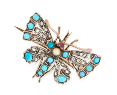 A TURQUOISE, PEARL, RUBY AND DIAMOND BUTTERFLY BROOCH in yellow gold and silver, the body is set with rose cut diamonds, turq