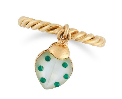 A CHRYSOPRASE AND MOTHER OF PEARL LADYBIRD RING, DE GRISOGONO in 18ct yellow gold, comprising a twisted shank set with a chry