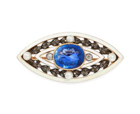 AN ANTIQUE SAPPHIRE, PEARL, DIAMOND AND ENAMEL BROOCH, CIRCA 1900 in yellow gold and silver, set with a cushion cut blue sapp