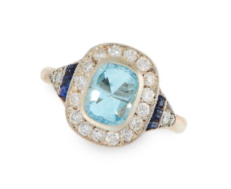 AN AQUAMARINE, SAPPHIRE AND DIAMOND RING set with a cushion cut aquamarine of 1.00 carats in a border of round cut diamonds a