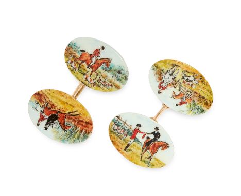 A PAIR OF ANTIQUE ENAMEL HUNTING CUFFLINKS in 15ct yellow gold, each comprising two oval faces decorated in varicoloured enam