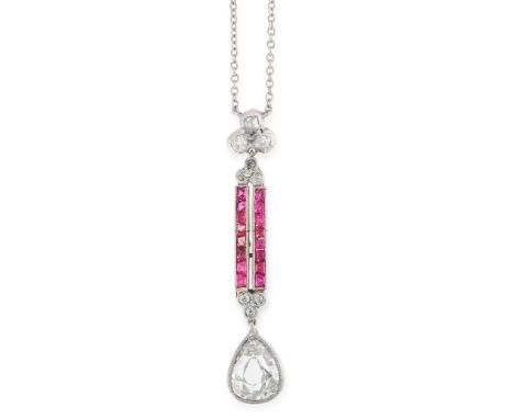 AN ANTIQUE DIAMOND AND RUBY PENDANT NECKLACE, EARLY 20TH CENTURY set with a pear shaped old cut diamond of 1.82 carats suspen
