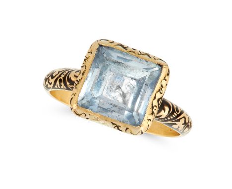 AN ANTIQUE STUART CRYSTAL AND ENAMEL RING, 18TH CENTURY in yellow gold, set with a foiled back step cut rock crystal in a dec