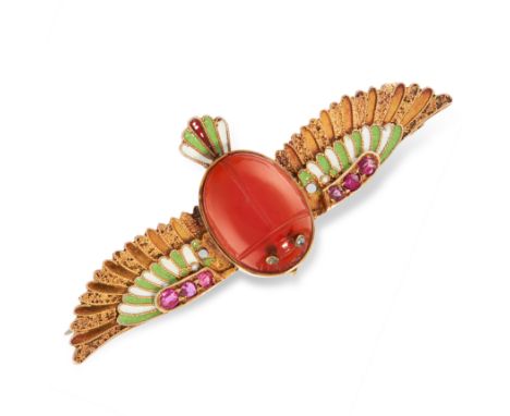 AN ANTIQUE CARNELIAN, RUBY, DIAMOND AND ENAMEL EGYPTIAN REVIVAL BROOCH, CARL BACHER, CIRCA 1900 comprising of a carved carnel