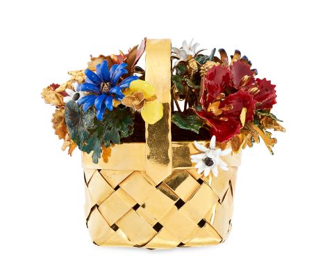 AN ENAMEL GILT FLOWER BASKET, CARTIER 1971 in sterling silver, the gilt woven basket with an array of red, blue and white ena