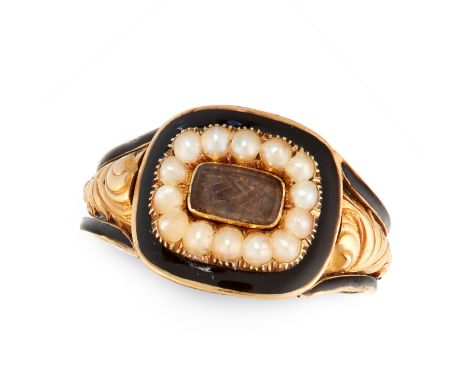 AN ANTIQUE ENAMEL, PEARL HAIRWORK MOURNING RING, 1831 in 18ct yellow gold, set with a panel of hairwork in a decorated border