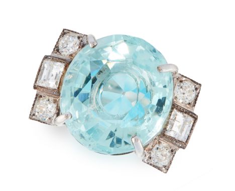 AN AQUAMARINE AND DIAMOND DRESS RING set with an oval cut aquamarine of 8.29 carats, the shoulders set with step cut and old 