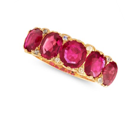 AN ANTIQUE BURMA NO HEAT RUBY AND DIAMOND FIVE STONE RING, 1907 in 18ct yellow gold, set with five graduated cushion cut rubi