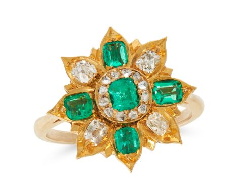 AN EMERALD AND DIAMOND CLUSTER RING comprising of a floral cluster of step cut emeralds totalling 0.65 carats and old and ros