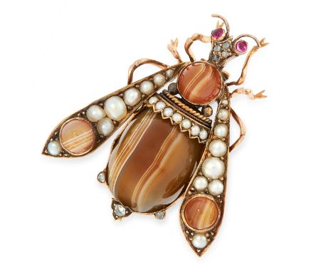 AN ANTIQUE BANDED AGATE, PEARL, RUBY AND DIAMOND BUG BROOCH in yellow gold, designed as a fly, the body set with banded agate