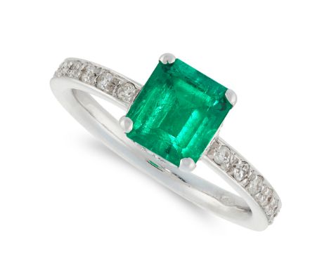 AN EMERALD AND DIAMOND RING in 18ct white gold, set with a step cut emerald of 1.16 carats in a border of round cut diamonds,