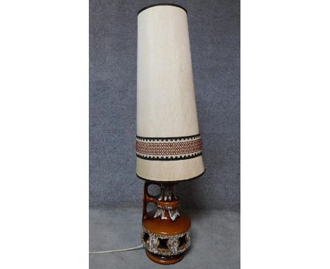 A vintage Skandesco mid-century drip glazed twin handled jug shaped ceramic lamp base and shade.  H.128cm 