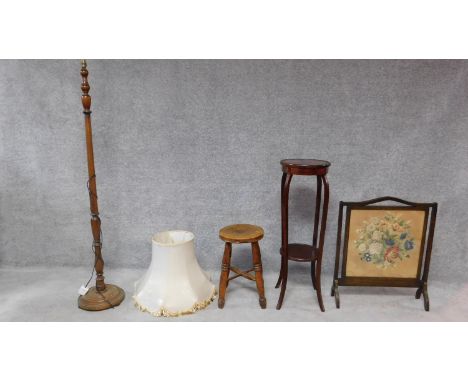 A collection of miscellaneous occasional furniture to include a 19th century walnut and elm stool, a needlework firescreen, a