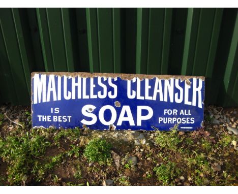 Old Vintage Antique - Enamel Sign - Matchless Soap Shop Advert - 10 x 30"