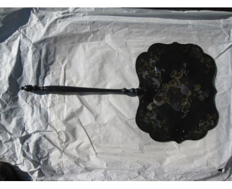 Old Vintage Antique - Japanese Laquerwork Black wood fan inlaid with mother of pearl 18 x 9.5"