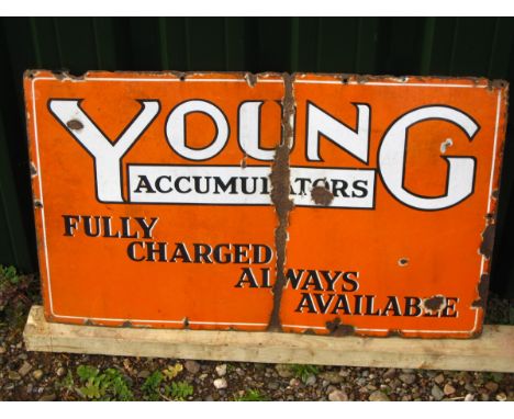 Old Vintage Antique - Enamel Sign Shop Advert - Young Garage Car Batteries Accumulators - 18 x 30"