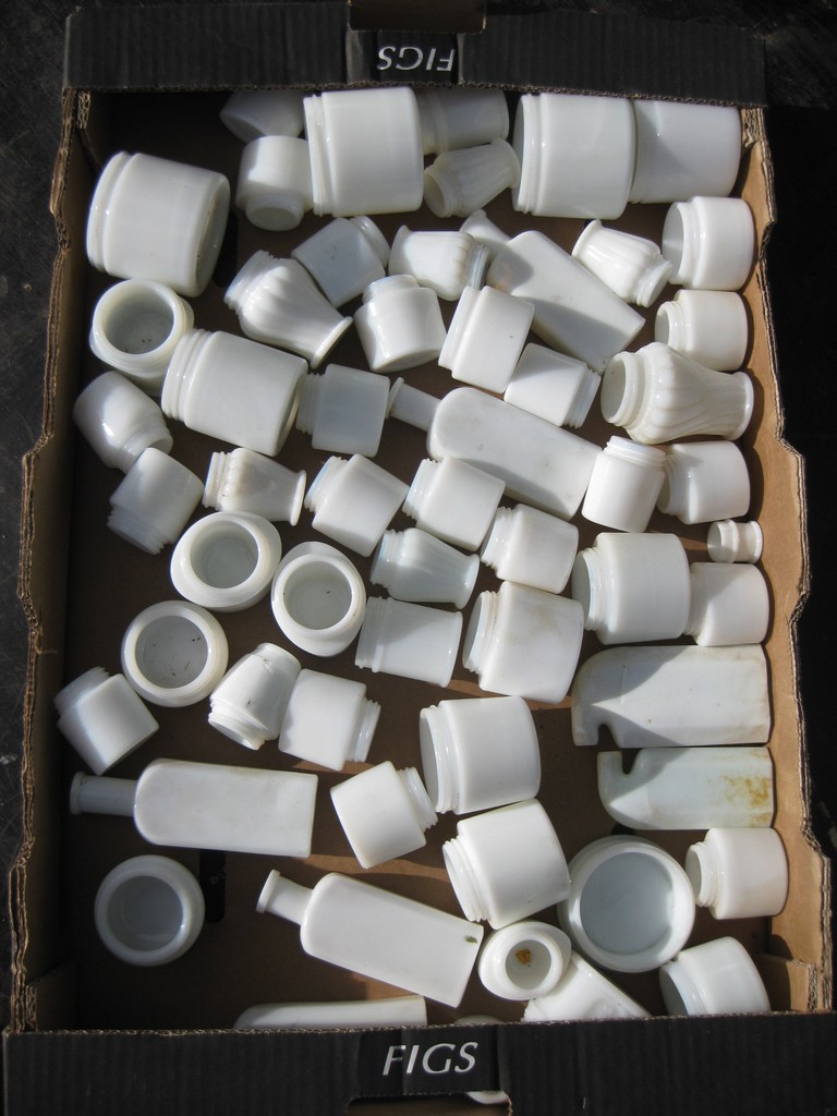 Old Vintage Antique Box Of Milkglass Milk Glass Pots Bottles And Jars Beauty Perfume Face Crea