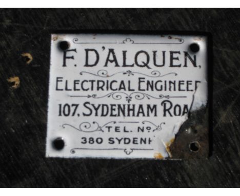 Old Vintage Antique - F D'Alquen Electrical Engineer Enamel Badge Name Plate warning Notice makers Plaque Sign - Sydenham Lon