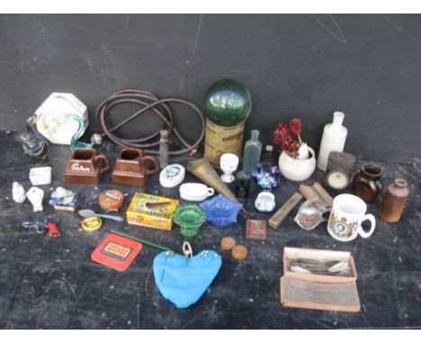 Old Vintage Antique - Box of Miscellaneous Bric a Brac suitable for car boot sale. Contains pottery, bottles , tins glass, ja