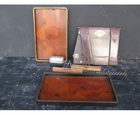 Old Vintage Antique - Art Deco Wooden Serving Trays and Clothes Brush with trouser press