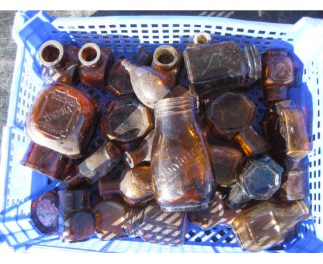 Old Vintage Antique - Box of brown bottles and jars marmite bovril etc