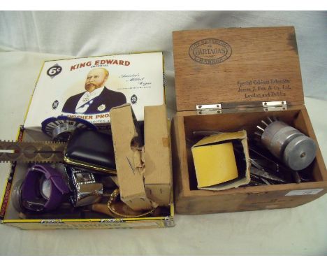 Selection of clock and watch makers tools including files, clippers, screws, grabbers, pins, various cogs etc and a record pl