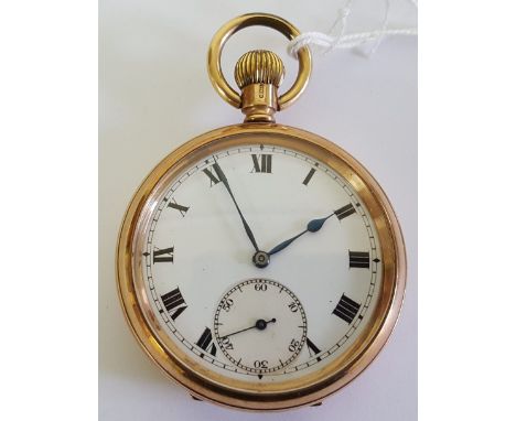 Early 20th century 9ct gold Rolex open faced keyless pocket watch. White enamel dial, Roman numerals with subsidiary seconds.