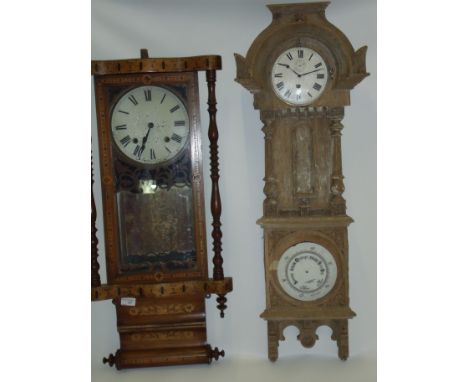 Mahogany Tunbridge ware inlaid drop dial wall clock (A/F) and a combination clock barometer (A/F) (2)