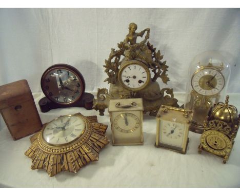 Selection of various assorted clocks including miniature brass lantern clocks, gilt framed Smith's wall clock, 19th C gilt me